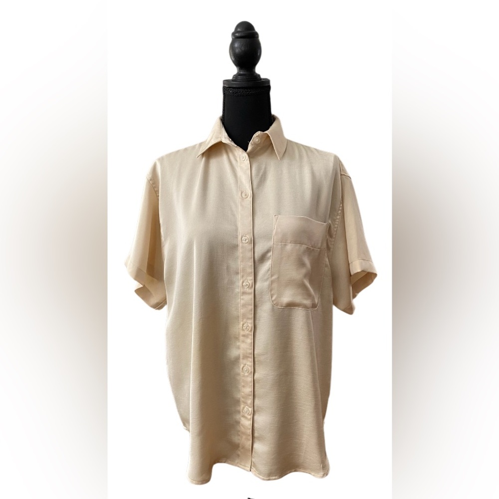 A New Day: Cream Casual Button Down Shirt with Short Sleeves